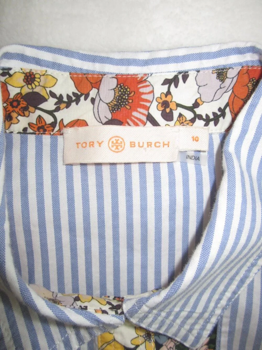 TORY BURCH Striped Button Up Shirt Floral Front Panel Women's 10